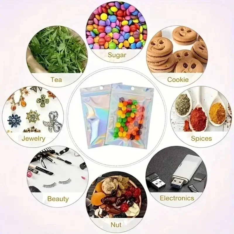 Holographic Bag Multi-size Laser Rainbow Pattern Self-sealing Bag Suitable For Candy Bag and Front Window Samples 100-piece