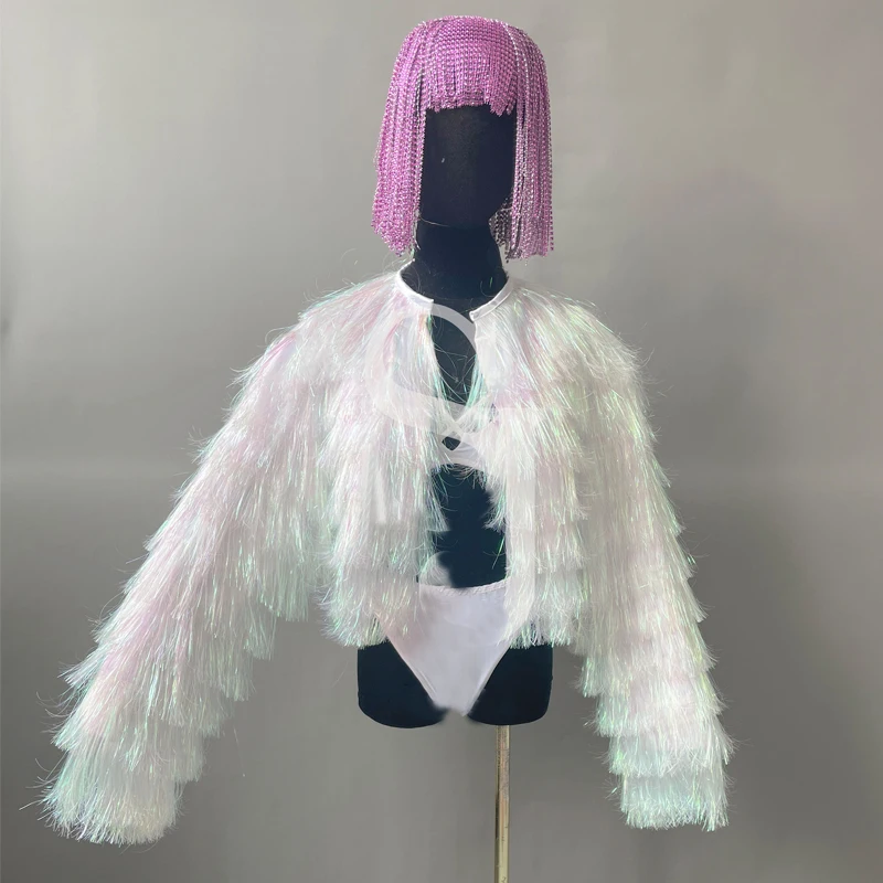 

Одежда для ночного клуба, бара, Dj Ds Gogo, Женский костюм для джазовых танцев, цветное белое пальто с бахромой, одежда для сцены, одежда для Rave XS5936