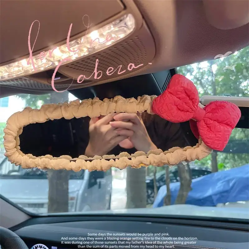 Velvet Retro Bow Car Mirror Cover Universal Stretch Soft Plush Auto Interior Rearview Mirror Case Decor Accessories Women carbon fiber mirror cover rearview mirror cover rearview mirror