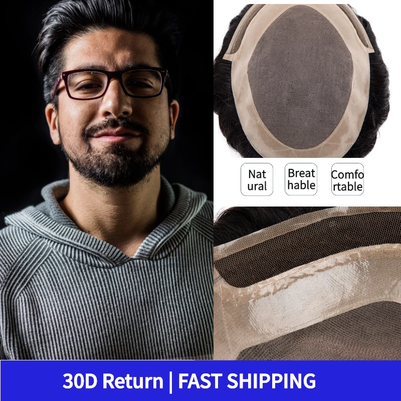 Wigs For Men Lace Front & Mono Replacement Hairpiece Durable Male Hair Prosthesis 100% Human Hair System Unit  Men\'s Toupee
