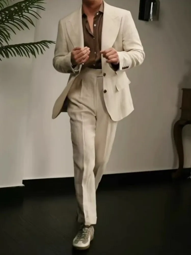 British Style Vintage Office Mens Business Casual Linen Suits Sets Slim Fit Blazers High Waist Straight Pants Men Two Piece Set