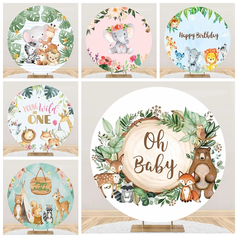 

Oh Baby Birthday Round Photography Backdrop Jungle Animal Party Decor Photophone Background Photographic Photozone Photo Studio