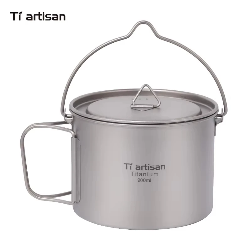 Foldable Handle Titanium Camping Pot Cup Outdoor Hiking Backpacking Ultralight Portable Hanging Pot with Lid Tiartisan 900ml camping cookware,camping cookware set