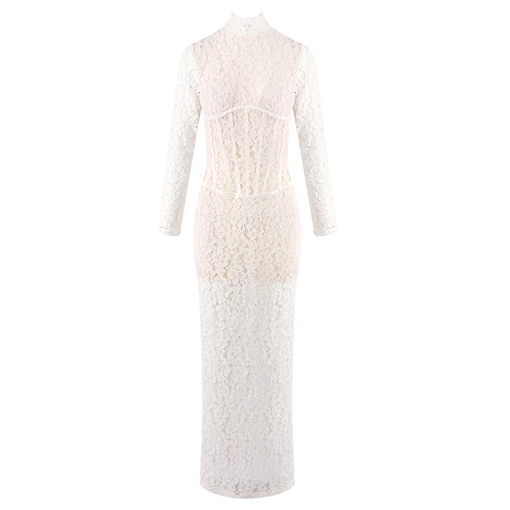 Women's Elegant White See-Through Lace Long Sleeve Maxi Dress with Corset Detail Formal Evening Events Gown High-Neck Vestido