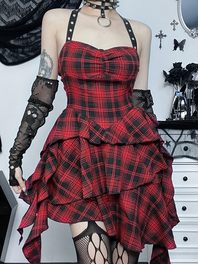 

Женское асимметричное платье с лямкой на шее, красное клетчатое платье в стиле панк с высокой талией, Y2k