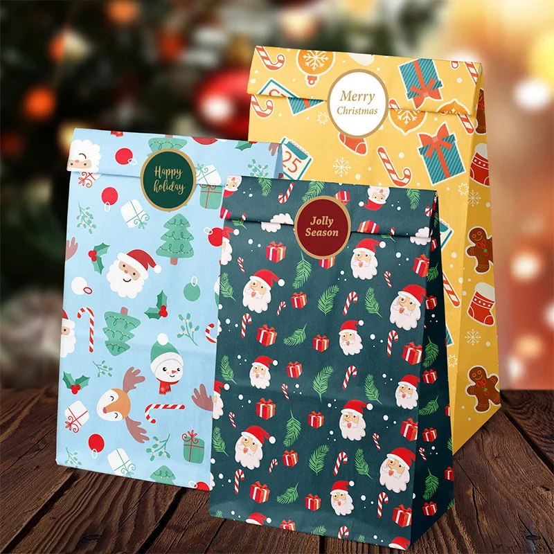 Christmas Gift Bag Holiday Party Candy Paper Bag Cookie Snack Gift Packaging Cheerful Snowman Elk Printed Pouch 12pcs