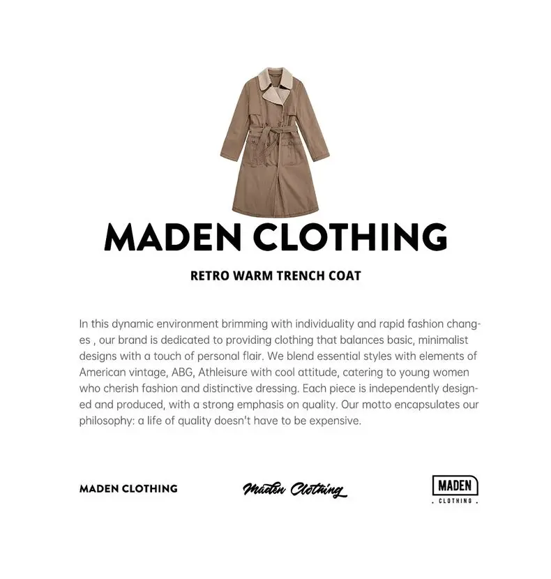 Maden Women's Long Trench Coat Double-Breasted Belted Warm Wool-Like Lining Vintage Cotton Twill Autumn Winter Outerwear