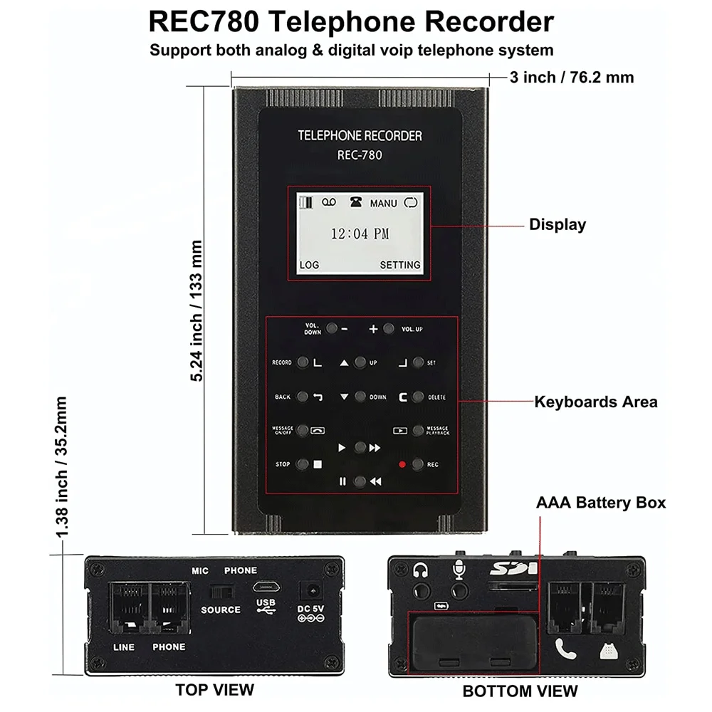 Digital Loop-Recording Landline Phone Call Recorder Call Monitor LCD Display Telephone Line Recorder External Speaker