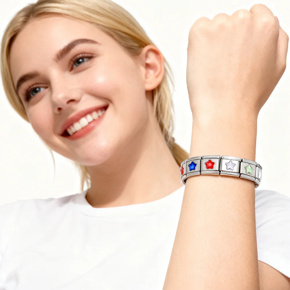 Italienischer Charm-Link, passend für 9 mm klassische gelbe, rosa, grün, blaue Pentagramm-Strass-Schmuckherstellung, DIY-Edelstahl-Armband-Geschenke – Detail 5