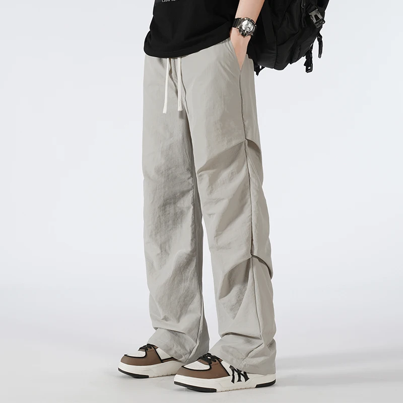 Spring Autumn Solid Color Men's Clothing High Waisted Pockets Shirring Elastic Wide Leg Sweatpants Cargo Trousers Casual Pants