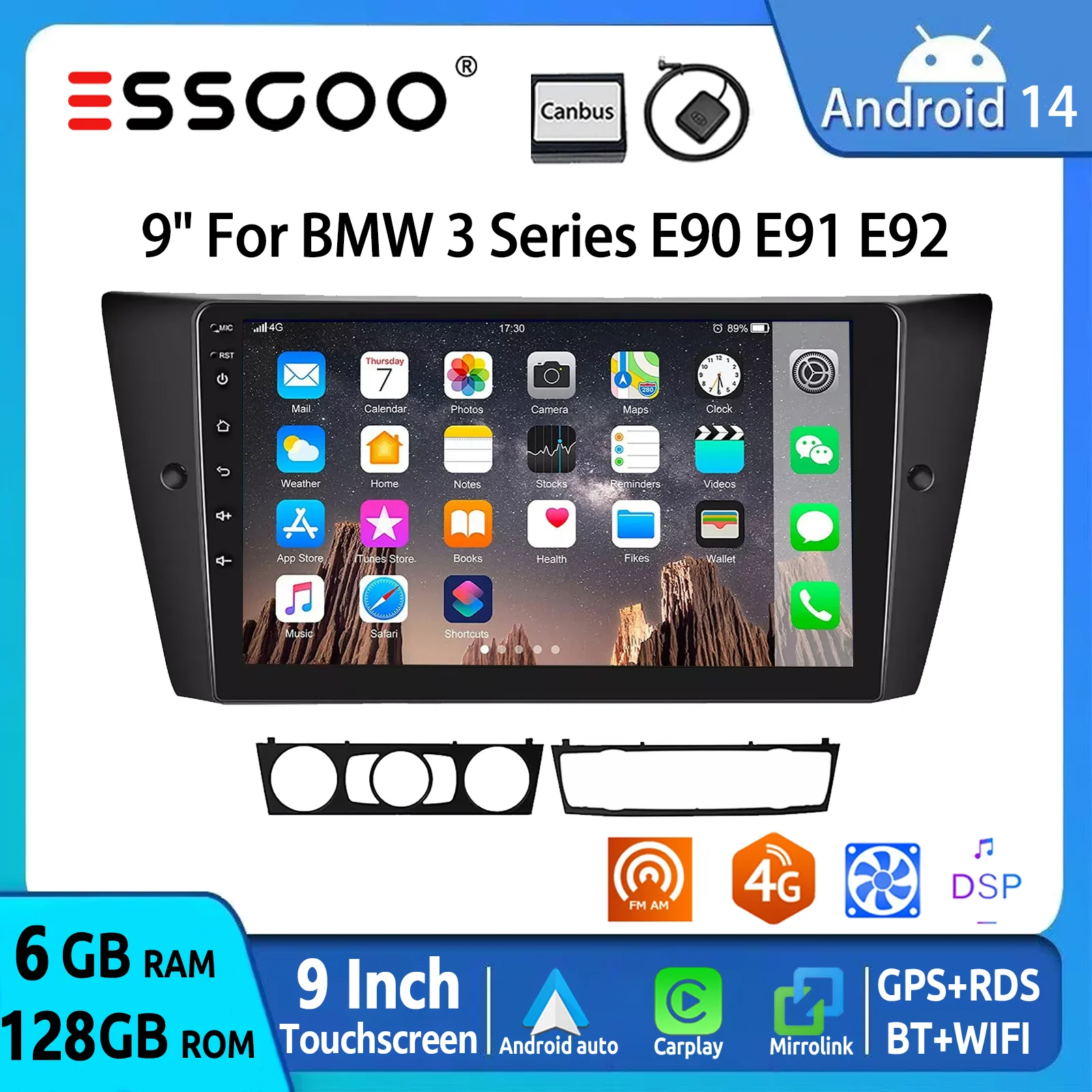 ESSGOO Android 14 Autoradio für BMW 3er E90 E91 E92 E93 – 9" Touchscreen, 8-Kern, 6+128 GB Carplay Android Auto GPS Navigation FM AM RDS Bluetooth 4G WLAN DSP Multimedia-Videoplayer