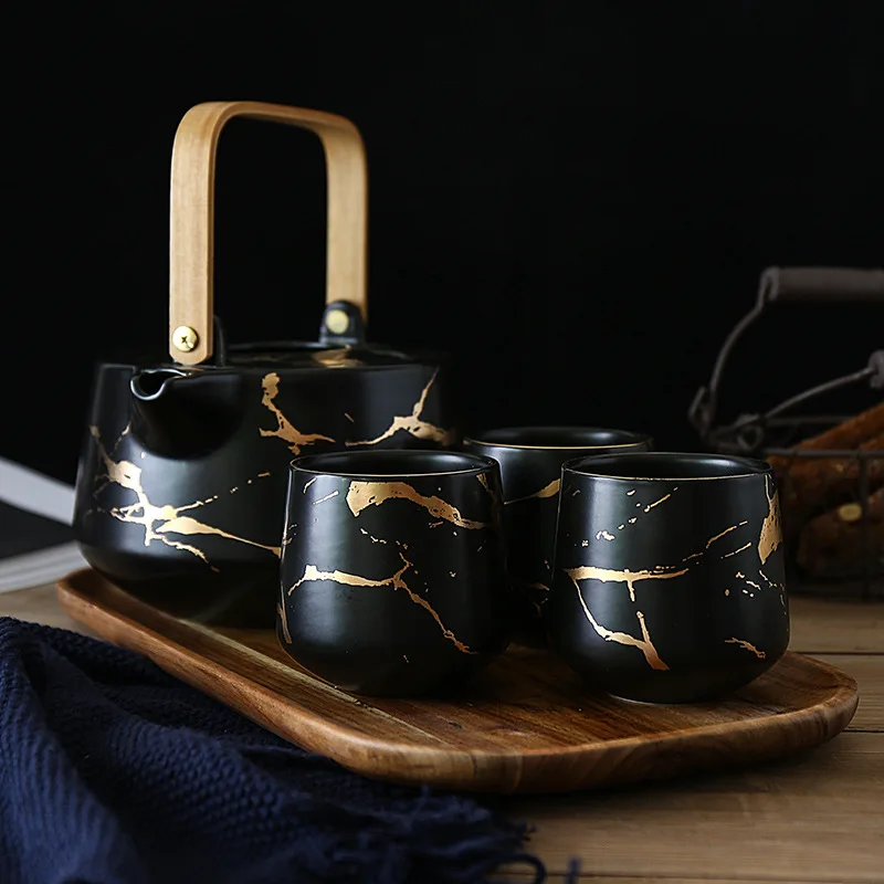 

Ceramic household tea set with clamp seat, black and white, Japanese style, tea cup, with locust clamp seat