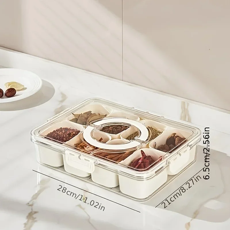 1pc Divided tray handle -8-compartment fruit container lid detachable snack box wooden serving tray plastic serving tray stainless steel food containers