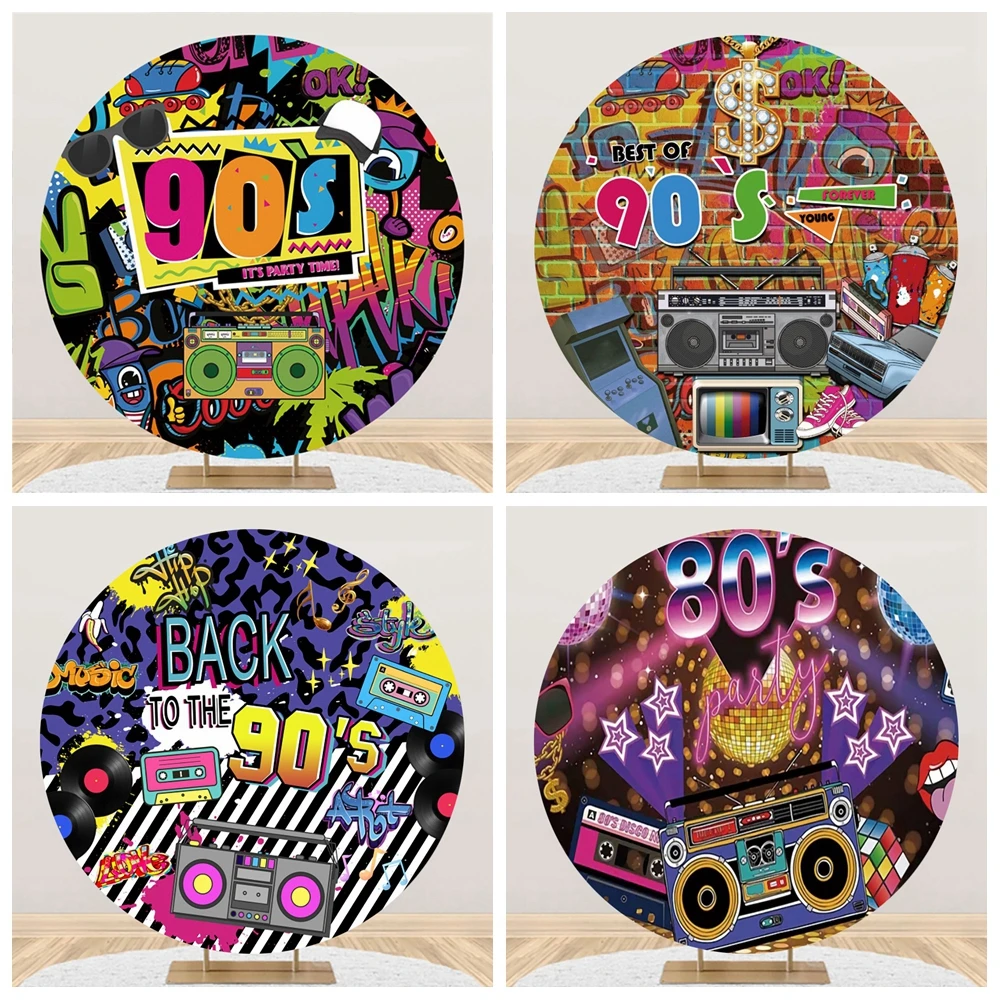 

80's90's Disco Party Round Backdrop Cover Retro Style Music Radio Adult Baby Birthday Party Photography Background Decoration