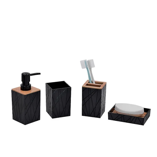 อุปกรณ์ห้องน้ำ 4 ชิ้น, ที่วางแปรงสีฟัน, แก้วแปรงสีฟัน, ที่จ่ายของเหลว, กล่องสบู่, อุปกรณ์จัดเก็บในอ่างอาบน้ำและฝักบัว 1