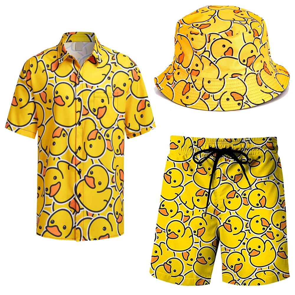 thumbnail image 1 of Conjunto deportivo de 2 piezas para hombre, estilo años 80 y 90, camisas con cuello en V y pantalones cortos estampados, con sombreros de pescador, traje de playa para Halloween y Navidad en verano, 1 of 4