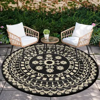 Round Outdoor Rug for Patio Reversible Mat Waterproof Plastic Straw Rug Boho Circle Indoor Outside Area Rug for RV Camping 1