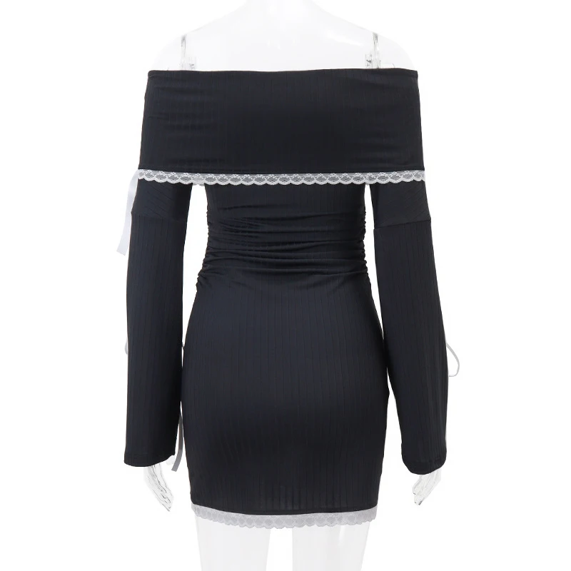 Vestido Fairycore Y2K para mujer, con encaje, hombros descubiertos, manga larga, ajustado, con lazo, para salir y fiestas.