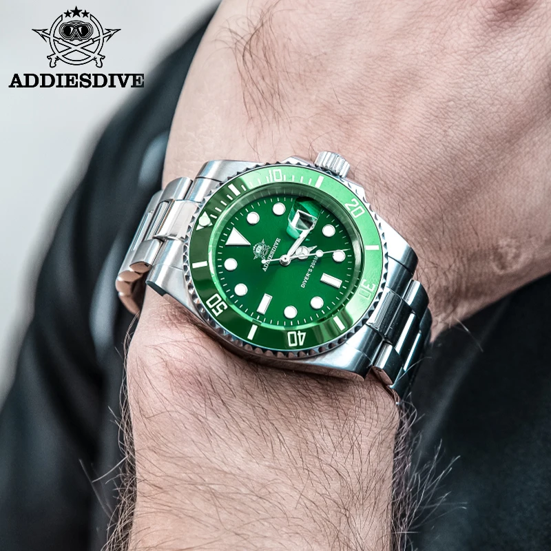 ADDIESDIVE Klassische Herren-Quarzuhr mit Keramiklünette, 200 m Wasserdichtigkeit, japanisches Quarzwerk, 316L Edelstahlarmband, BGW9 Leuchtzeiger, Datumsanzeige, luxuriöse Herrenuhr