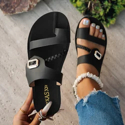 Elegant Woven Strap Diamond Buckle Sandals - Comfortable Summer Flats - 40 (Black)