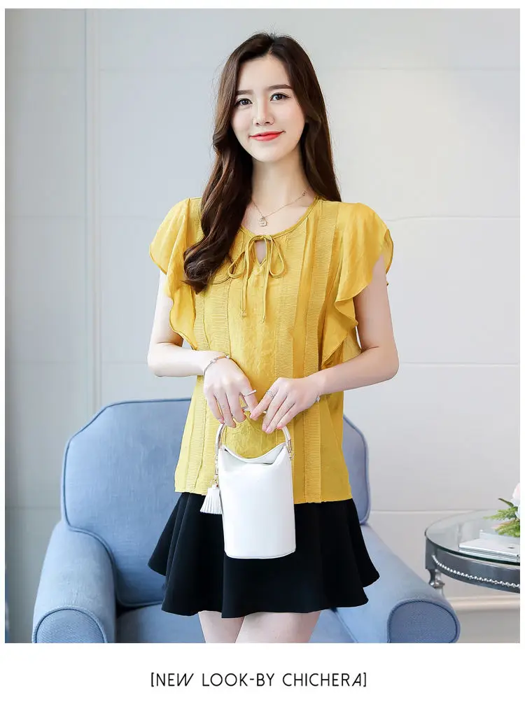 Female O-Neck Bow Lacing Hollow Out Solid Blouse Loose Oversize Flying Sleeve Patchwork Chiffon Shirt Women's Summer Clothing