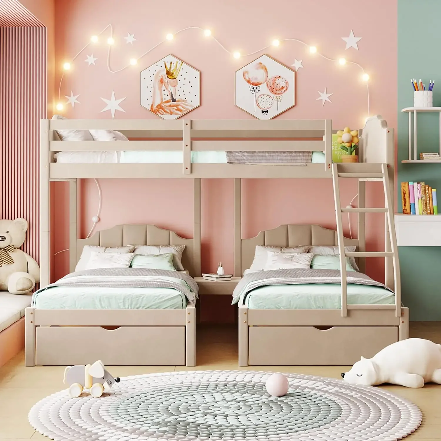 Full Over Twin & Twin Bunk Bed, Velvet Triple Bunk Bed with Drawers and Guardrails, Beige 2025 Christmas gifts 4