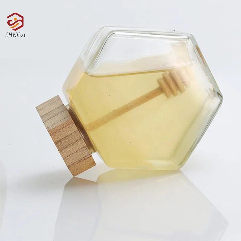 Kitchen 100ML/220ML/380ML Hexagonal Glass Honey Bottle With Wooden Honey Pot Stirring Rod Sealing Clear Jam Jar Home Storage 2