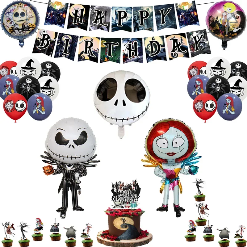 thumbnail image 1 of Decoración para fiesta de cumpleaños de Pesadilla antes de Navidad, pancarta con globos, vajilla, suministros para fiesta de Jack Skellington, juguete de Halloween, 1 of 5