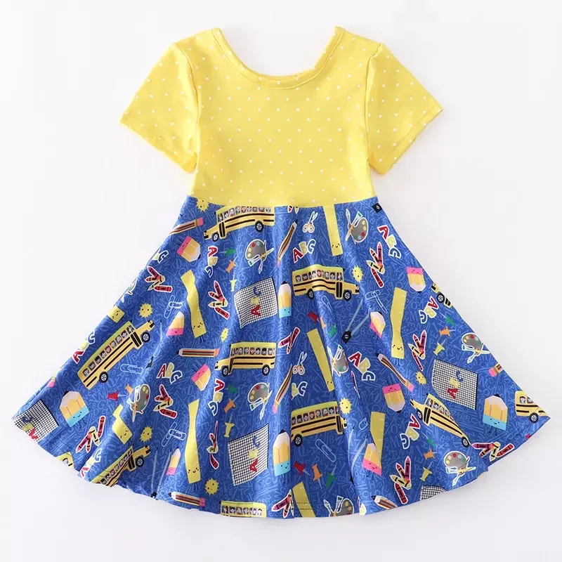 

Back To School Short Sleeve Pencil Book Print Baby Girls Dress Children Boutique Clothing Wholesale SkirtSchool bus girl dresses