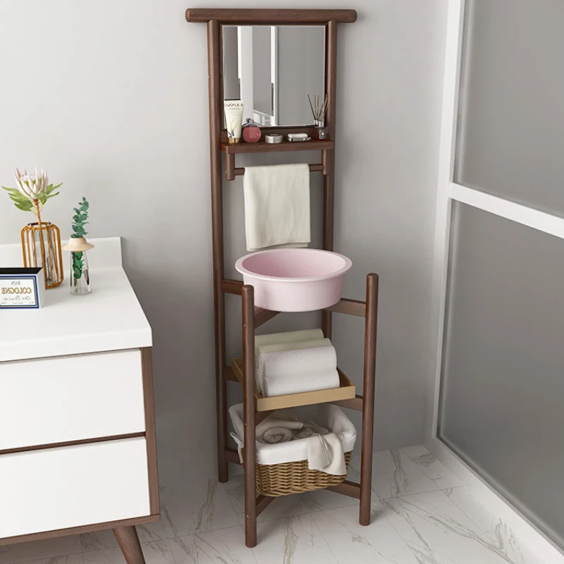 

Pure solid wood washbasin stand with mirror, floor standing household basin stand, rural minimalist modern basin stand