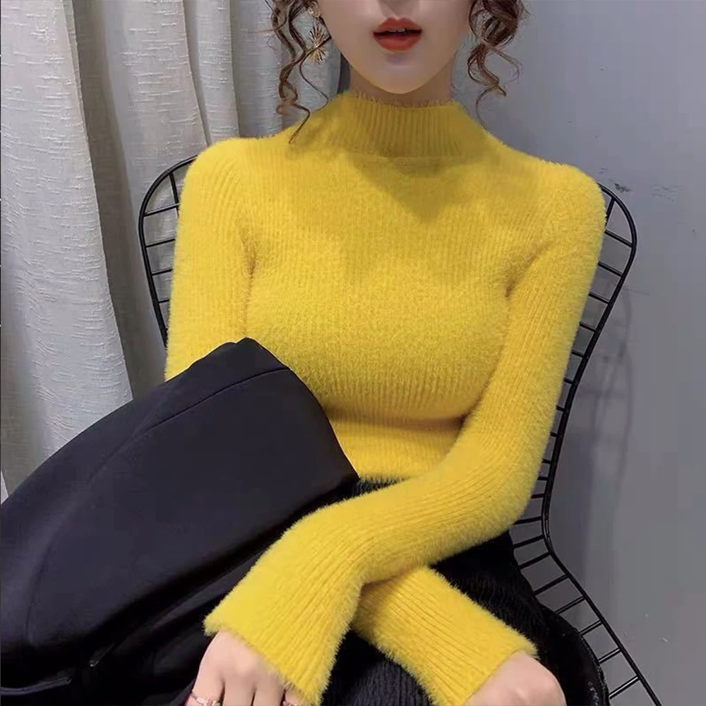 New Autumn Winter Women Sweater Turtleneck Green Knitted Pullover Fashion Keep Warm Tops Basic Slim Stretch Soft S-2XL T Shirt