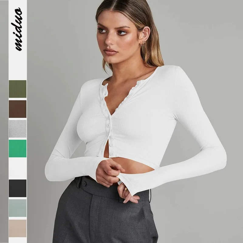 

Basic Casual Ribbed Button Knitted Viscose Cardigan Woman Short Crop Tops Long Sleeve Tshirts High Street Vintage Women Clothes