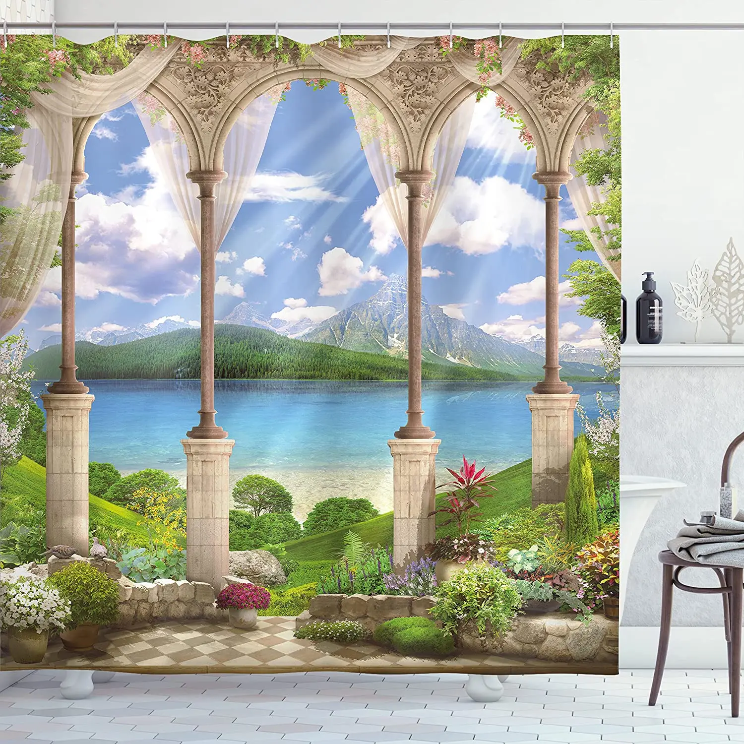 Cortinas de ducha con paisaje italiano, arco de piedra antiguo, vista al mar, balcón, plantas de jardín, juego de decoración para baño con ganchos