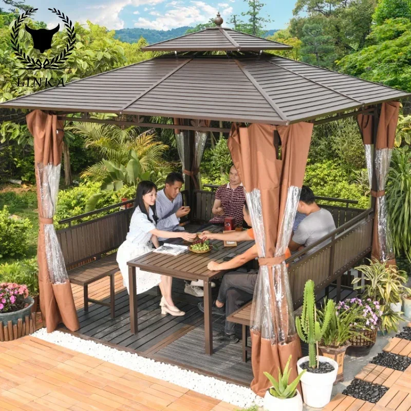 3x3m tables chairs aluminum alloy anti-corrosion wood courtyard layout, modern terrace, sunshade, pavilion, outdoor villa