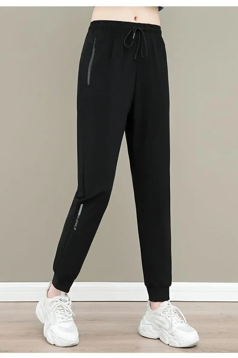 Women's Spring Summer Thin Ice Silk Pants Comfortable Breathable Casual Elastic Beam Feet Pants Slim Sports Fitness Trousers