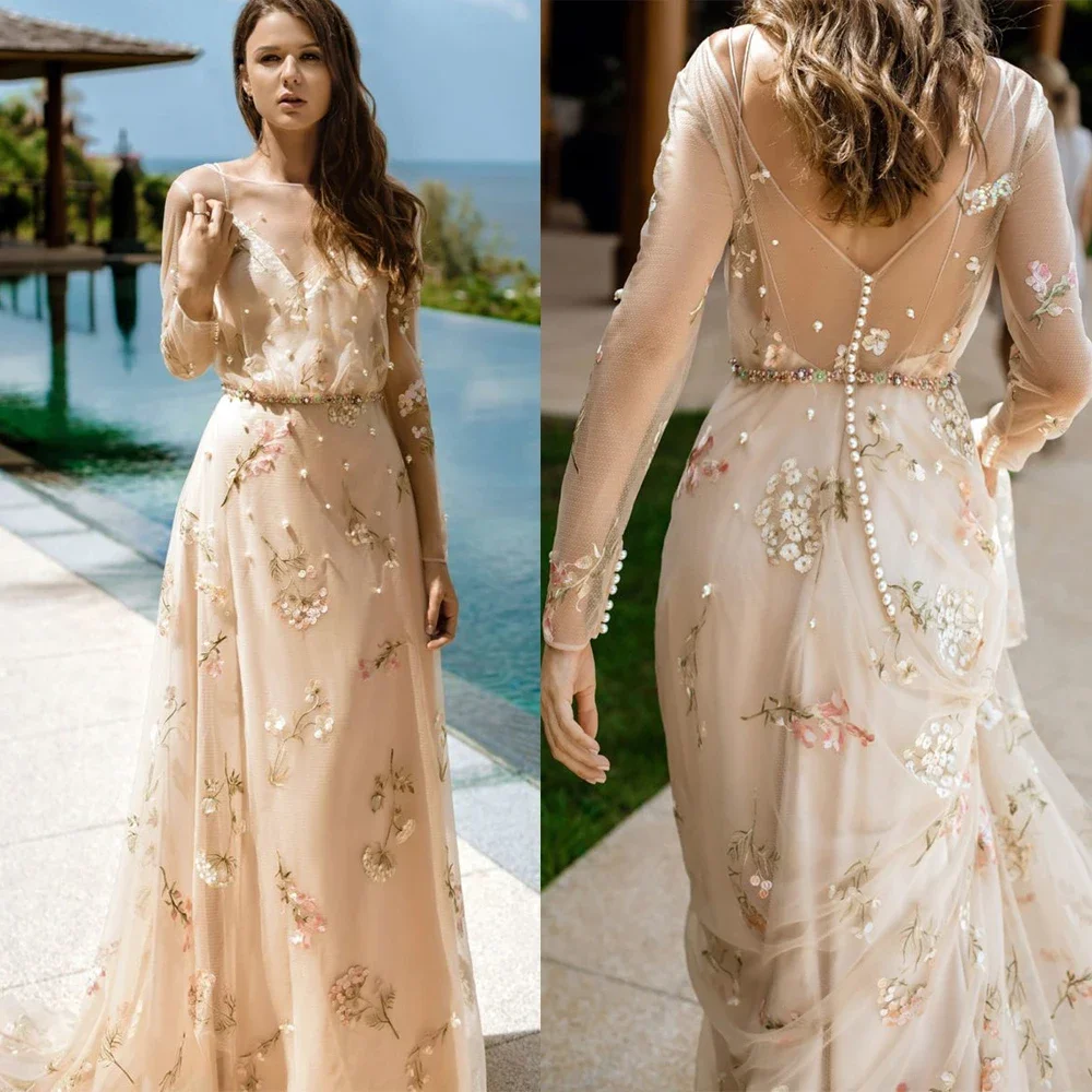 

Long Sleeve Prom Dresses Printed Flowers Bridal Wedding Mesh Robe De Soiree Elegant Evening Party