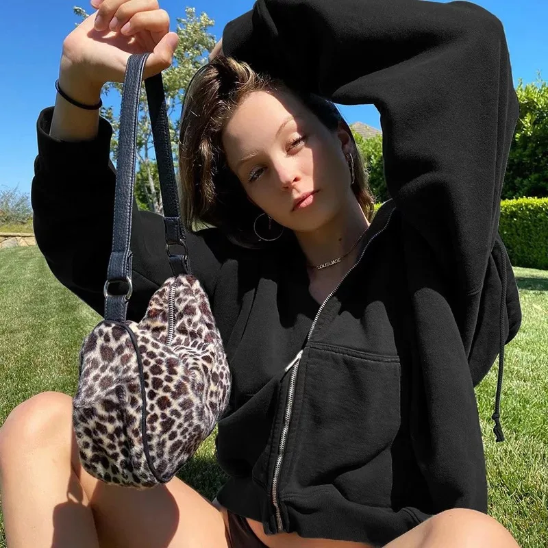 Oversized Hoodie Retro Pocket Women's Long Sleeve Pullover Kawaii Clothing Aesthetic Zipper Hooded Sweater Winter Jacket Tops
