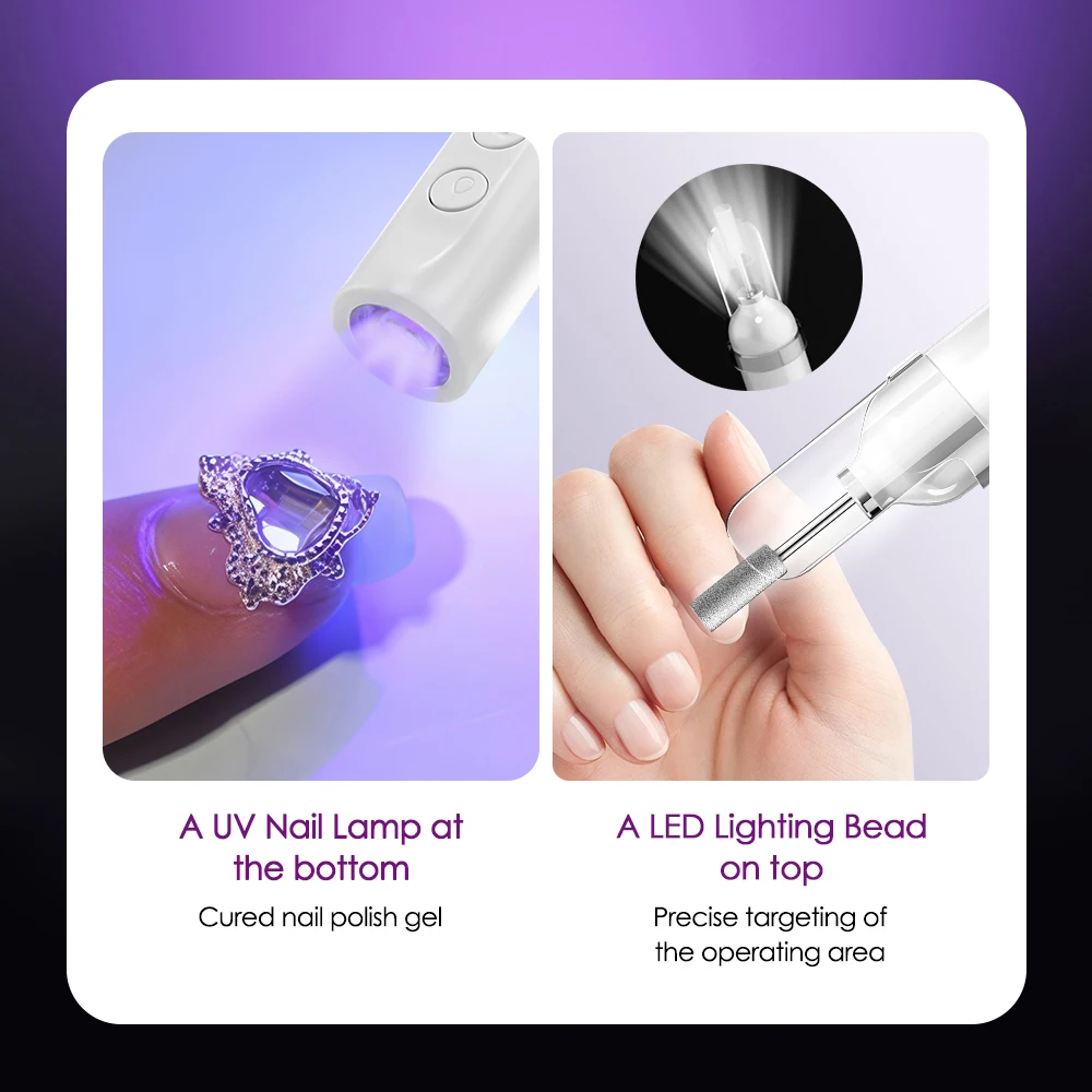 6 in 1 Electric Nail Polish Drill Machine With LED Light Cordless Electric Manicure Art Pen Tools Nail Grinder For Gel Remover