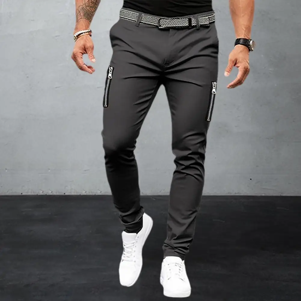 

Solid Color Men Pants Stylish Men's Zipper Decor Pencil Pants Soft Breathable Slim Fit Mid Waist Joggers with Button for Four