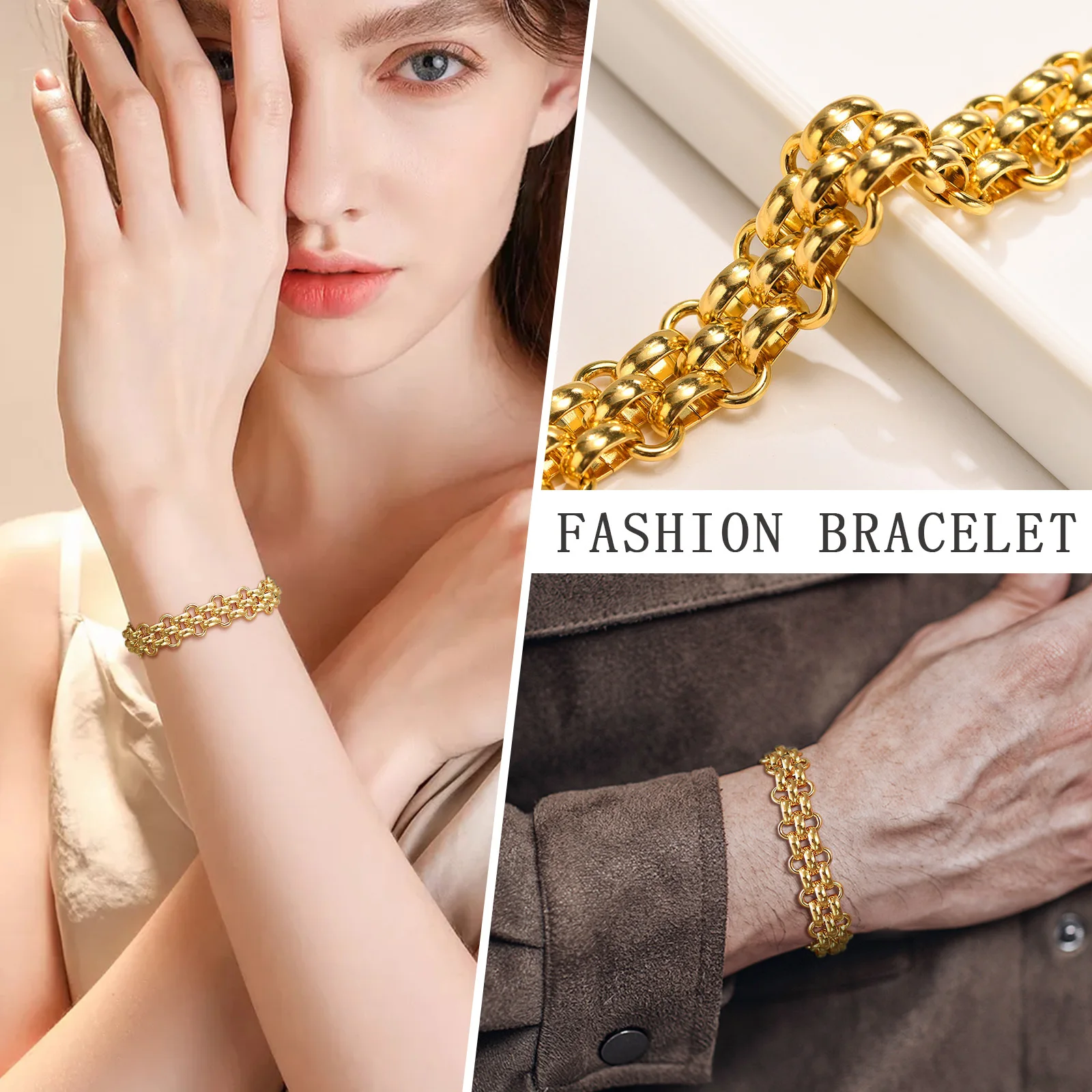 Chic Women Multi-layer Chain Bracelets, PVD Gold Color Stainless