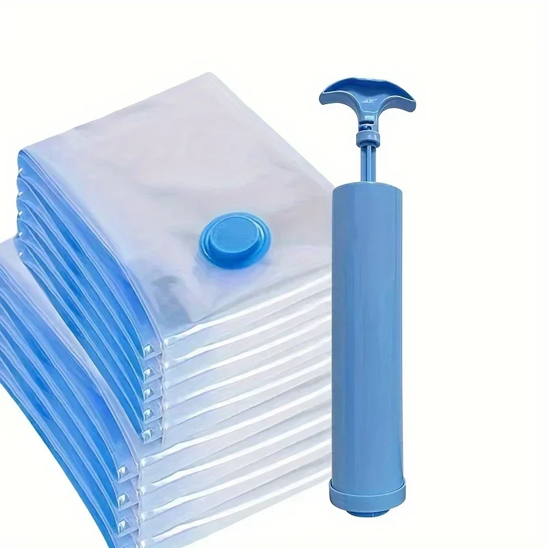 A set of multi size space saving vacuum storage bags with hand pumps - used for storing and organizing clothes and quilts 2