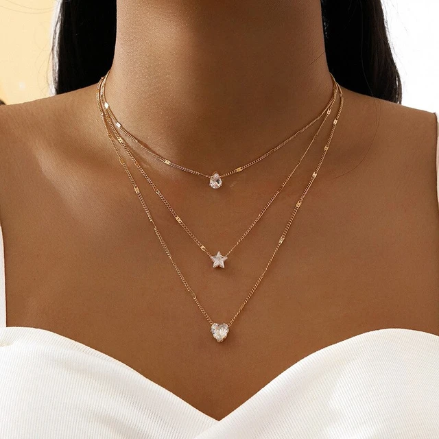 3Pcs Necklace Cubic Zirconia Inlaid Thin Chain Women Simple Necklace  Jewelry for Party,Golden 