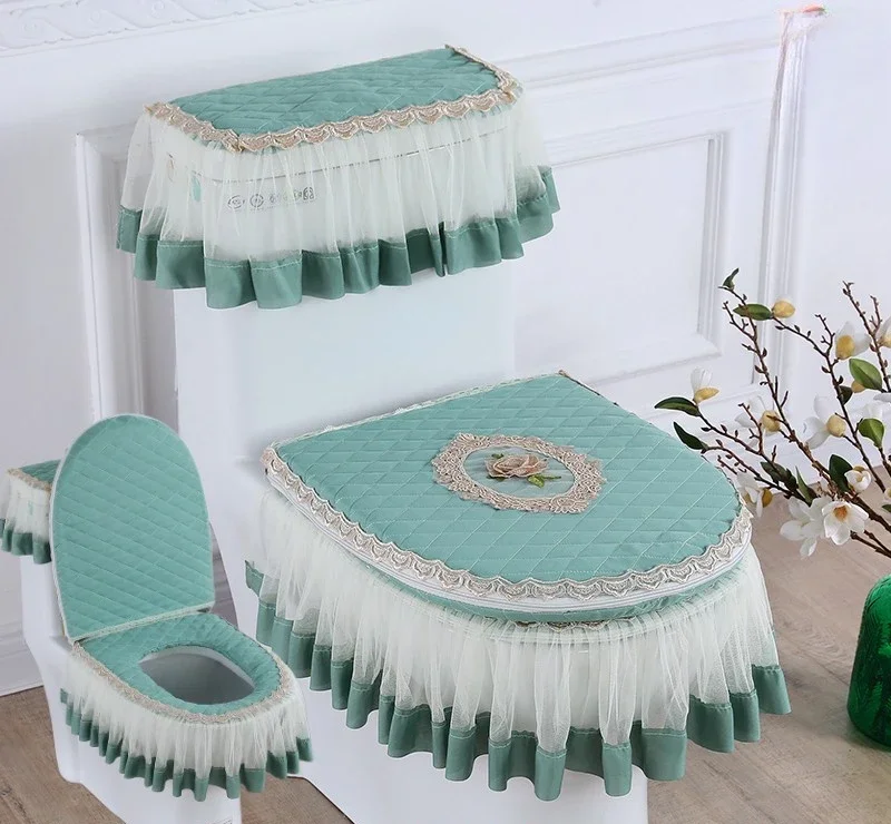 Lace Embroidery Detachable Toilet Cover Cloth Dustproof Soft Toilet Seat Ring Cushion Home Decoration Cover 3pcs/Set