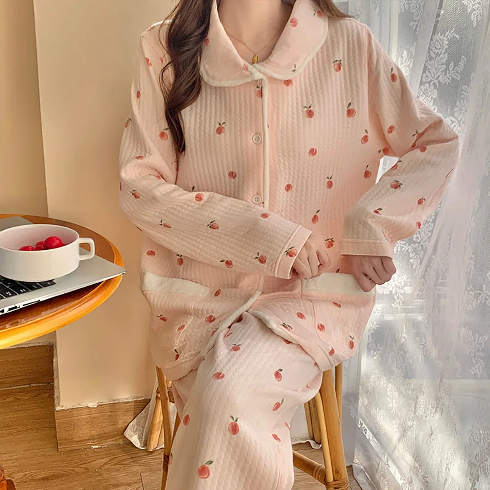 Long Sleeve Thick Warm Japanese Air Cotton Home Wear Women's Lapel Cardigan Casual Plus Size Set Spring Fall Lady Pink Sleepwear