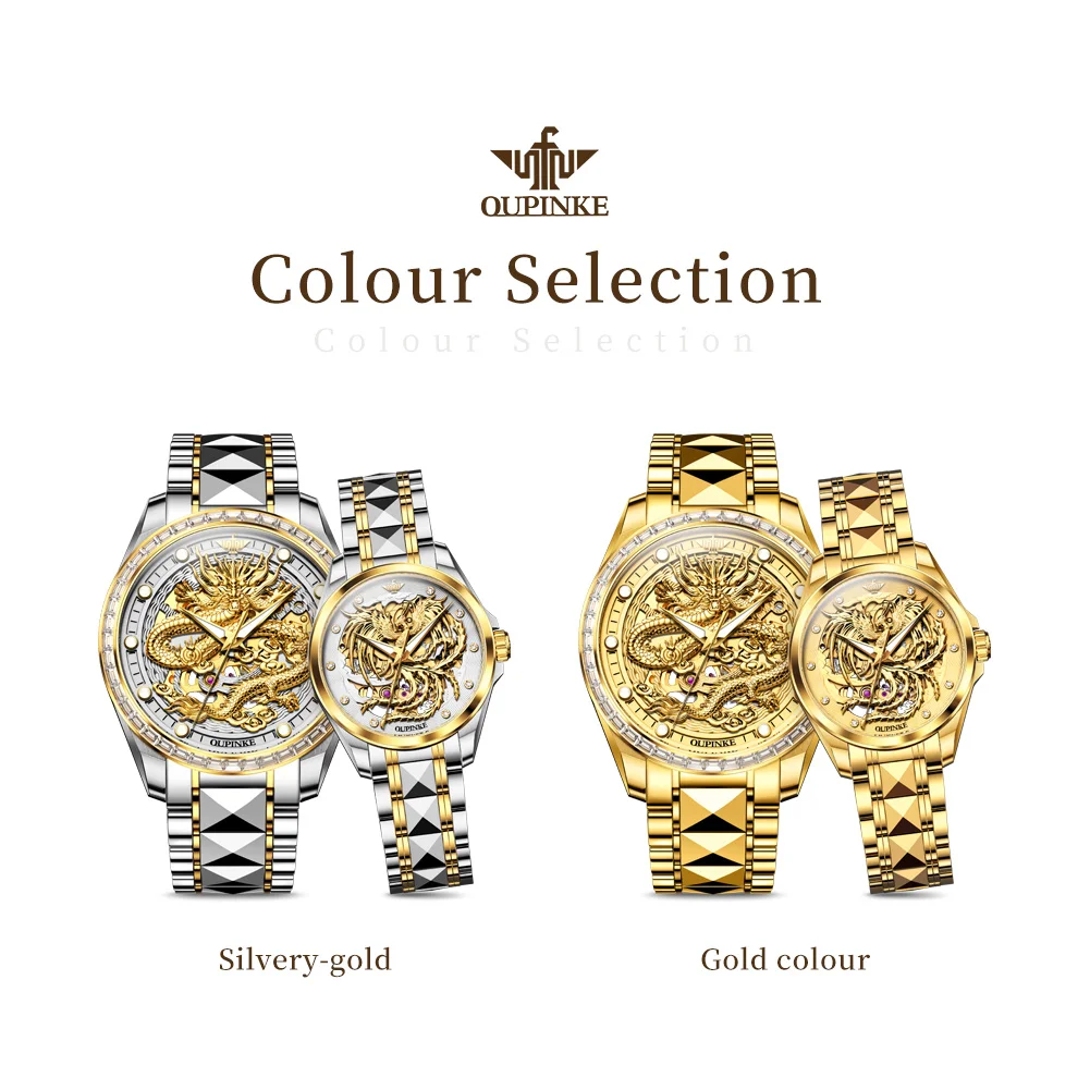 OUPINKE Luxury Couple Watch Tungsten steel strip Waterproof Automatic Mechanical Watch Imported Movement Golden Original