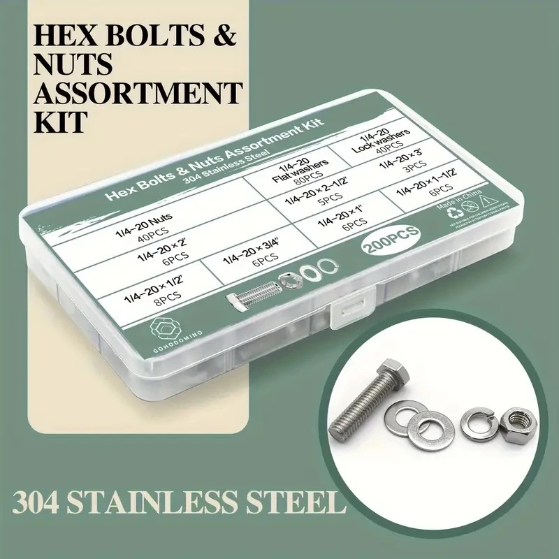 200 stainless steel nuts and bolts 1/4-20 X 1/2", 3/4", 1 ", 1-1/2", 2", 2-1/2", 3 ", stainless steel hexagon bolts and nuts,.