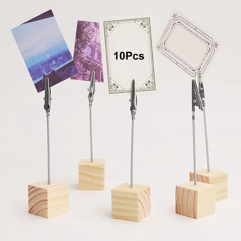 

10Pcs Table Number Holders Alligator Clips Wood Place Card Holder Lightweight Cube Base Memo Photo Clip Wedding Party Decoration