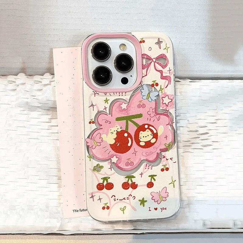 Trendy Pink Cherry Cat Y2K Cartoon Silicone Phone Case