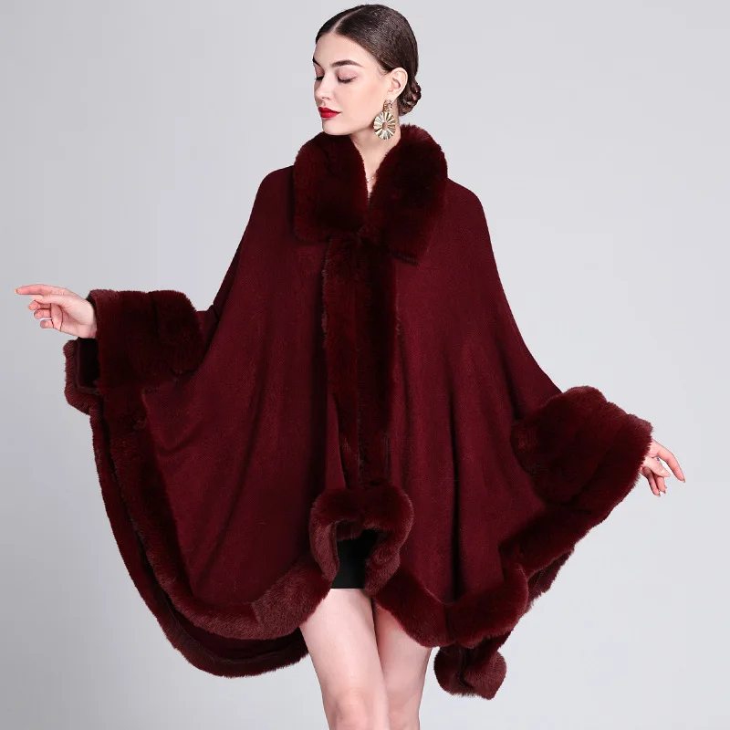 8 Colors 2024 Women Batwing Sleeve Cloak Big Pendulum Loose Overcoat Winter Warm Three Circles Rabbit Fur Sleeves Poncho Cape
