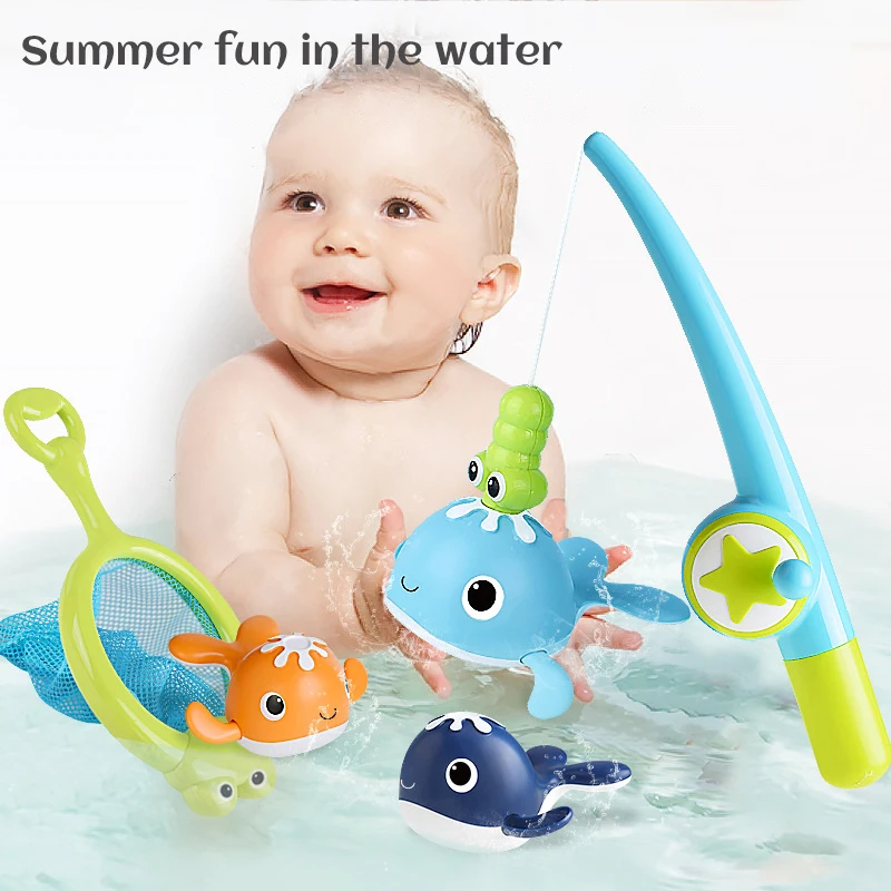 Baby Bath Fishing Toys Magnet Whales Bathtub Toy Fishing Games Kids Bathtub Floating Water Toys Pole Net Set Gift
